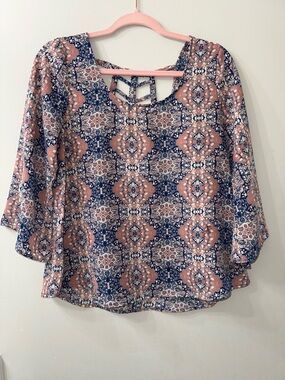 Boho Medallion Print Top | Bell Sleeve Peasant Blouse | Blue Pink | S/M